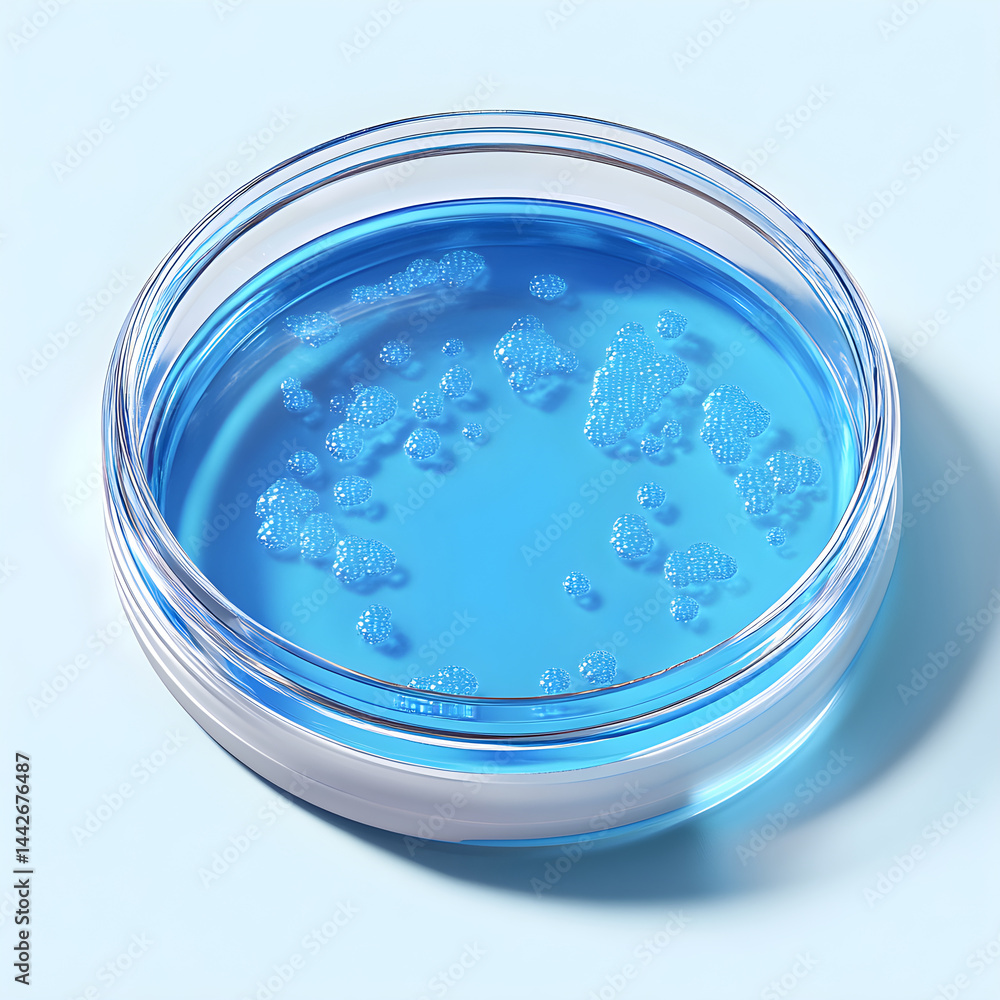 Petri dish with blue culture growing bacteria for medical research