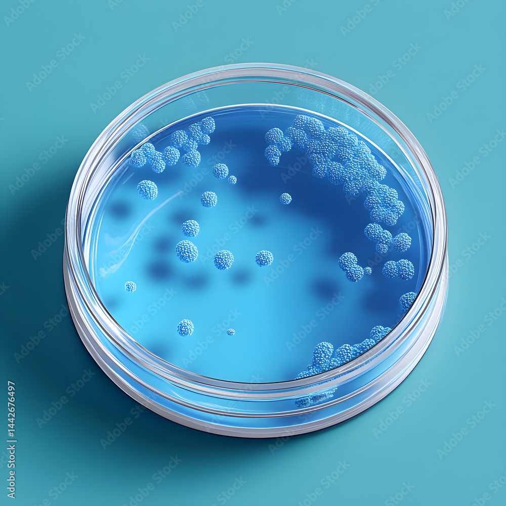 Petri dish showing growing colonies of bacteria in blue culture medium