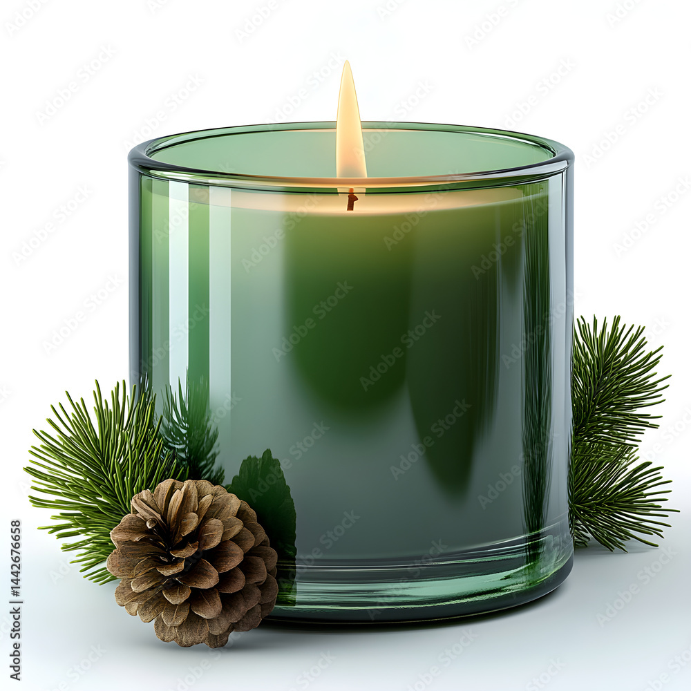 Green scented candle burning with pine cone and branches decoration