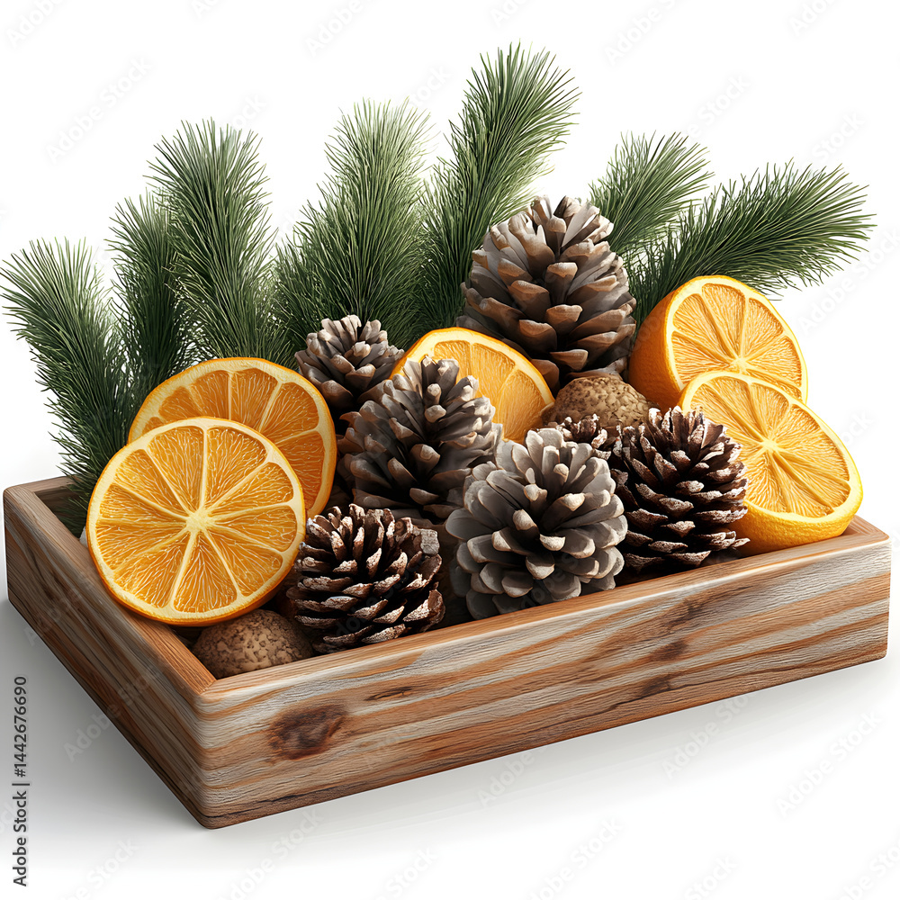 Christmas centerpiece with pine cones, oranges, and pine branches in wooden box