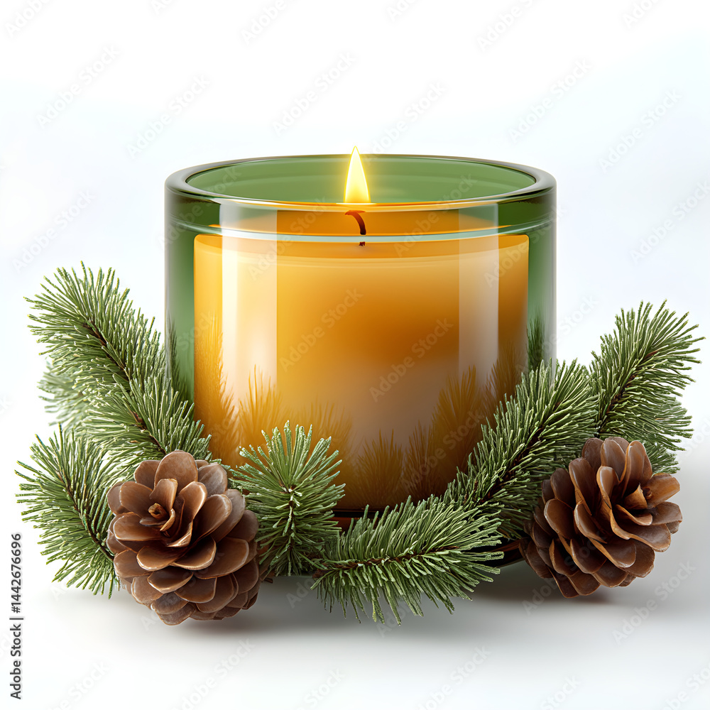Burning candle with pine branches and pine cones creating a relaxing atmosphere