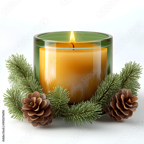 Obraz na płótnie Burning candle with pine branches and pine cones creating a relaxing atmosphere w salonie