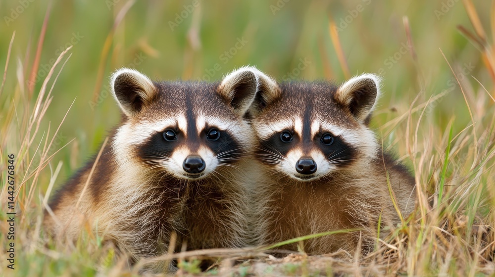 Two raccoons snuggle closely in a sunlit grassy field, highlighting their adorable features and the peacefulness of their natural surroundings. Two raccoons snuggle closely in a sunlit grassy field, highlighting their adorable features and the peacefulness of their natural surroundings.