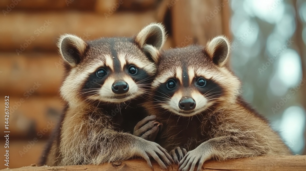 Two raccoons embrace each other in a heartwarming display of companionship and affection, while showcasing their charismatic faces and playful nature. Two raccoons embrace each other in a heartwarming display of companionship and affection, while showcasing their charismatic faces and playful nature.