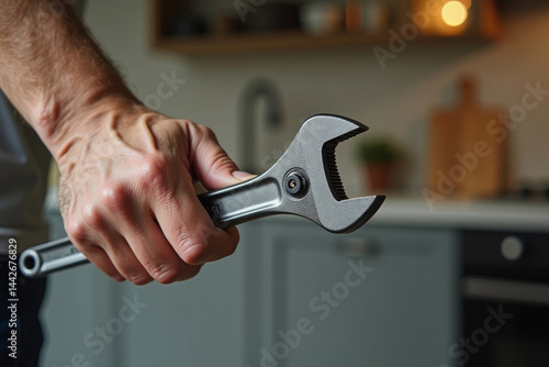 Wallpaper Mural Male hand holding wrench on blurred kitchen background. AI Torontodigital.ca