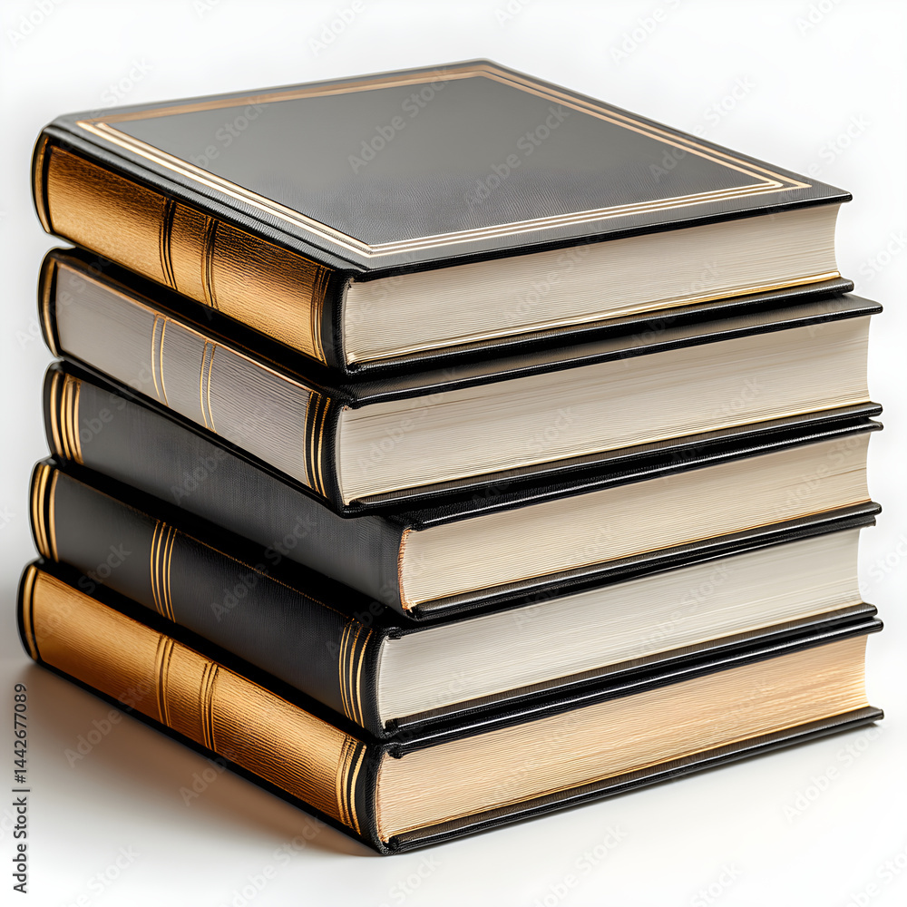 Stack of five hardcover books with golden decoration