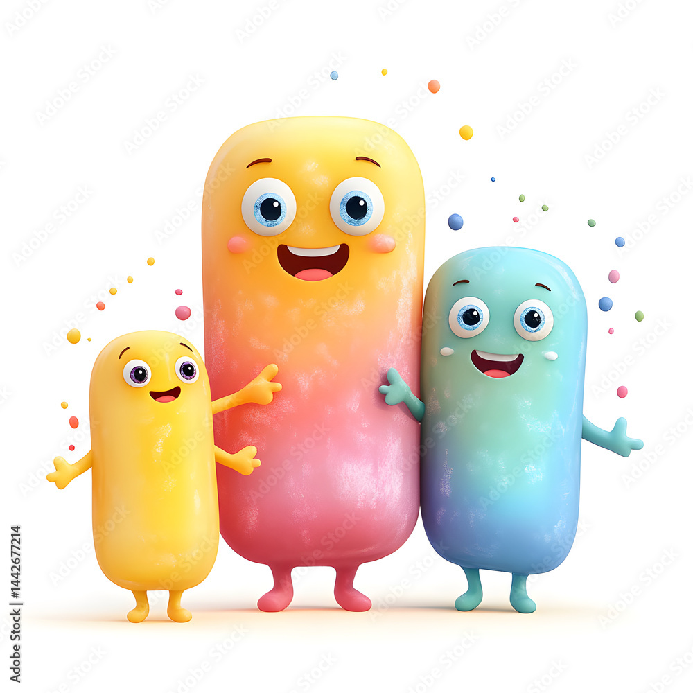 Three colorful cartoon characters embracing and smiling on white background