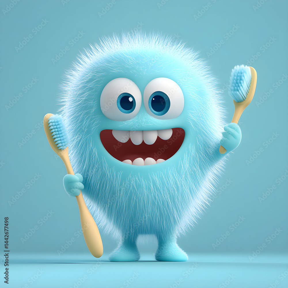Happy cartoon monster holding two toothbrushes promoting oral hygiene