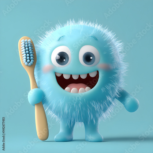 Happy cartoon monster holding a toothbrush promoting oral hygiene
