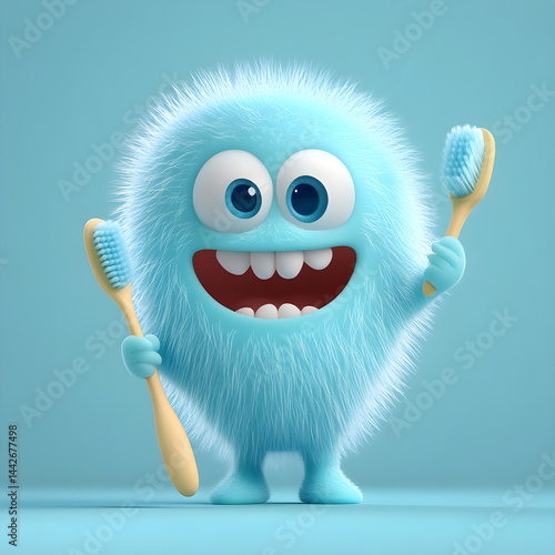 Obraz na płótnie Happy cartoon monster holding two toothbrushes promoting oral hygiene w salonie
