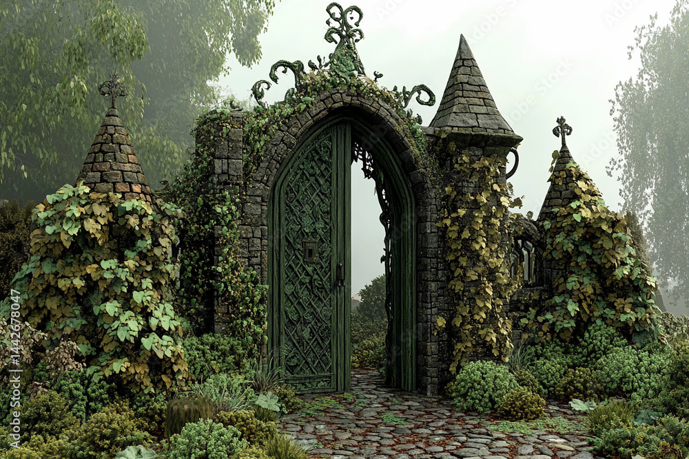 Fototapeta premium Mysterious open door in a dreamlike garden surrounded by ancient walls and lush greenery