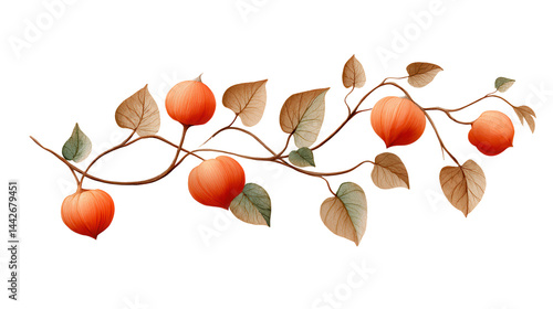 Elegant autumn branch with orange persimmons and brown leaves on a white background, detailed and natural botanical illustration for seasonal design or nature themes