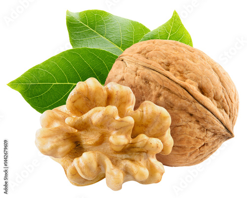 Walnut isolated png. Unpeeled walnut with a half on transparent background. Perfect retouched walnuts with kernel and leaf no background. Nuts with leaves composition. Full depth of field.