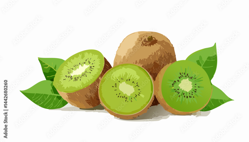 Obraz premium Close-up digital artwork of fresh kiwi fruit. The vivid green cross-section and fuzzy skin detail create a lifelike, appetizing look for product labels, ads, or recipe cards.