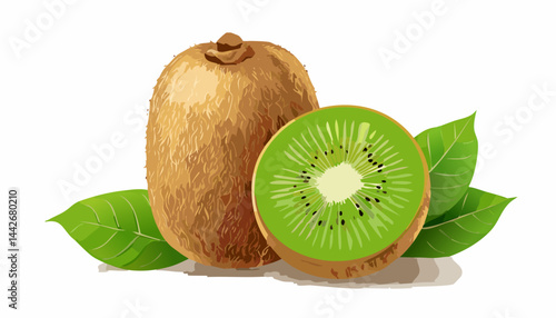 Realistic vector drawing of juicy kiwi fruits with green leaves. The sliced piece reveals the bright green core and tiny black seeds, ideal for healthy food promotions, packaging