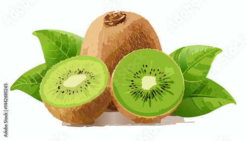 Tropical fruit kiwi illustration featuring natural tones and sharp details. The composition includes both whole and halved kiwi with fresh leaves, offering a refreshing and organic feel.