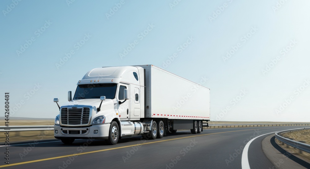 White semi-truck driving on asphalt road under a clear blue sky. White semi-truck driving on asphalt road under a clear blue sky.