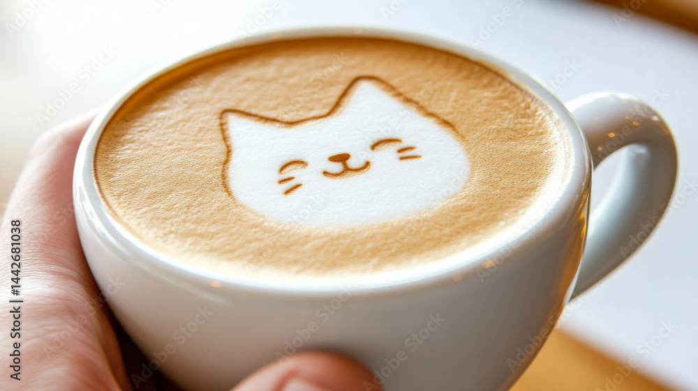 Latte art depicting cute cat face held in female hands with blurred background
