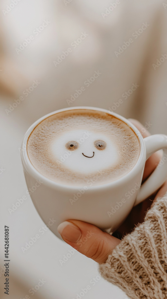 Latte art bear in foam on coffee in white cup, cozy cafe vibe, background