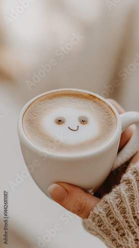 Obraz na płótnie Latte art bear in foam on coffee in white cup, cozy cafe vibe, background w salonie