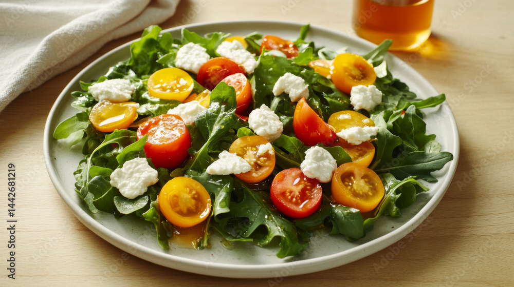 Plate of leafy salad with arugula, cherry tomatoes, ricotta, and olive oil Plate of leafy salad with arugula, cherry tomatoes, ricotta, and olive oil