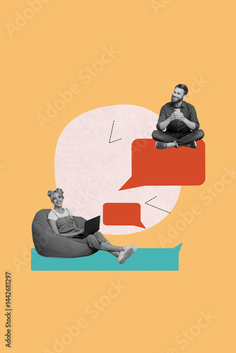 Creative collage poster of two people girl guy use gadget for speaking online over yellow orange color background