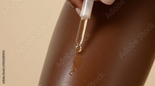 Close-up of womans knee with a dropper filled with liquid, suitable for skincare concept