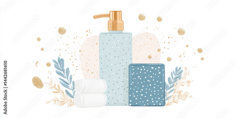 Spa concept background with soap dispenser and box, featuring calming colors