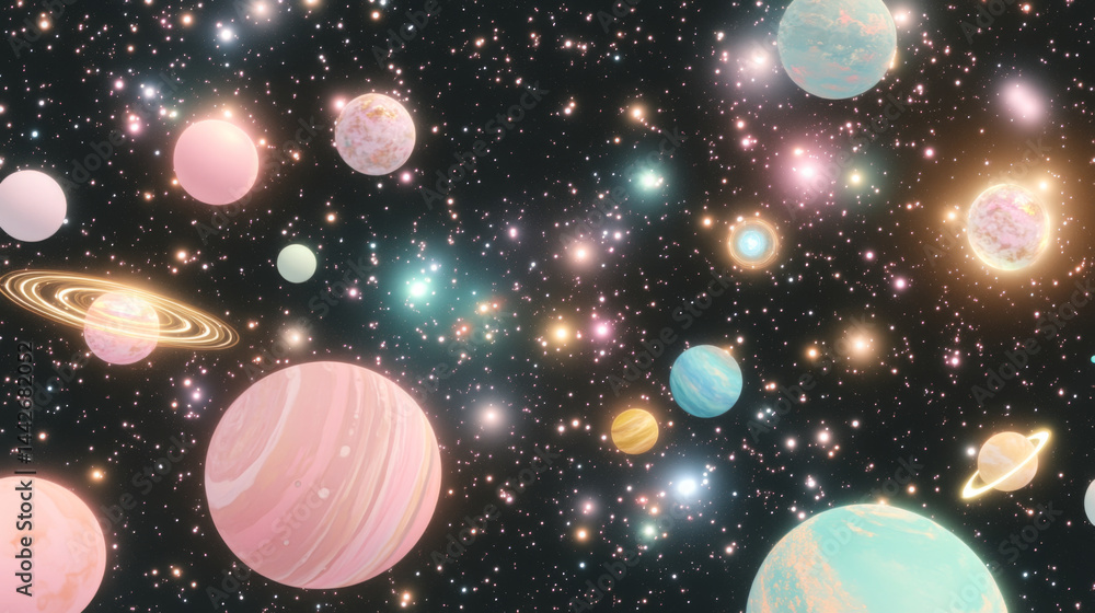 Vibrant illustration of colorful distant galaxy with planets and stars