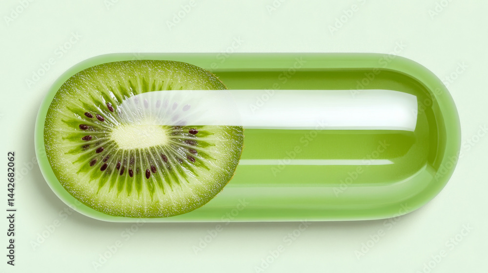 Kiwi fruit encapsulated in an opaque green capsule on light background