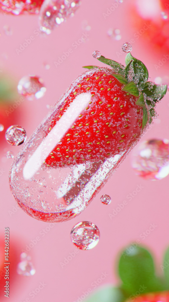 Strawberry floating in sparkling water with bubbles, vibrant modern concept