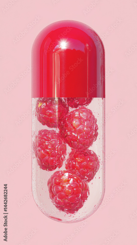 Raspberry-filled capsule on a pink background, creative concept