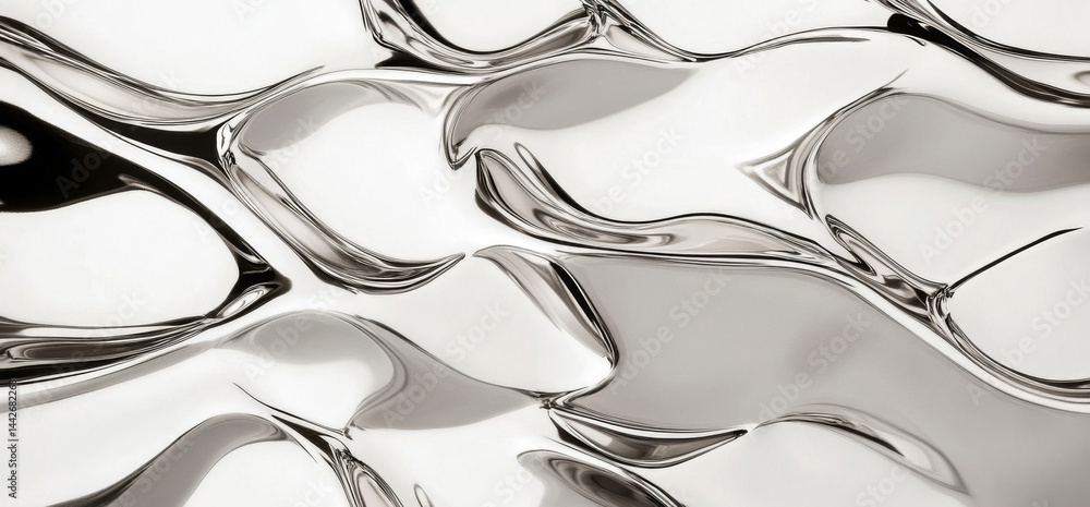 Abstract silver background with flowing metallic waves, ideal for modern designs
