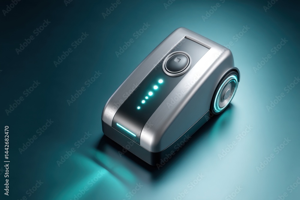 Isometric top-down view of ultra-modern vacuum cleaner with touch control panel, metallic sleek body Isometric top-down view of ultra-modern vacuum cleaner with touch control panel, metallic sleek body