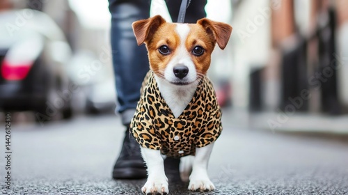 Fototapeta Naklejka Na Ścianę i Meble -  Jack russell terrier wearing leopard print shirt walking on street