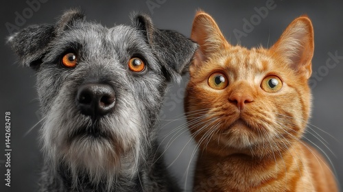 Curious dog and cat looking with astonished expression