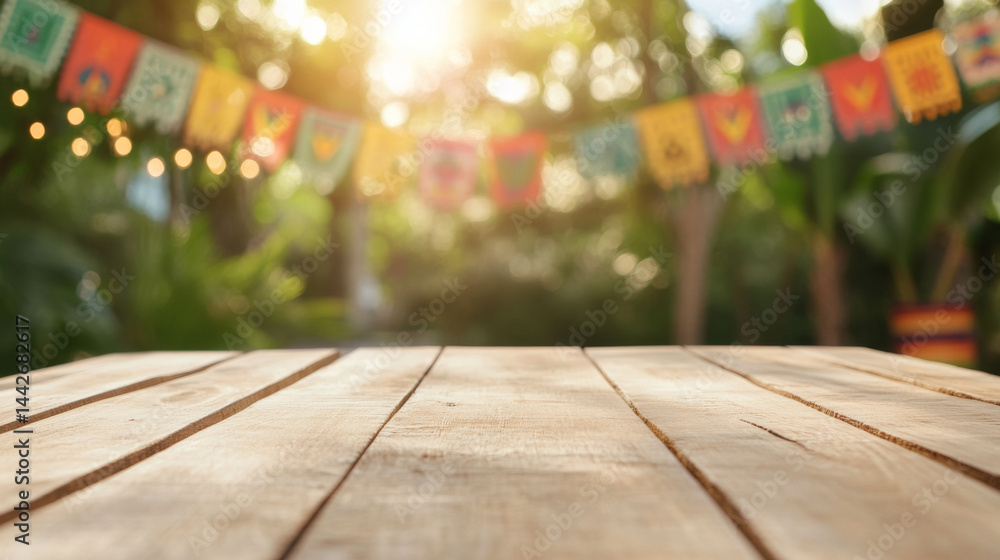 Wooden deck with colorful papel picado street decorations, Mexico holiday background
