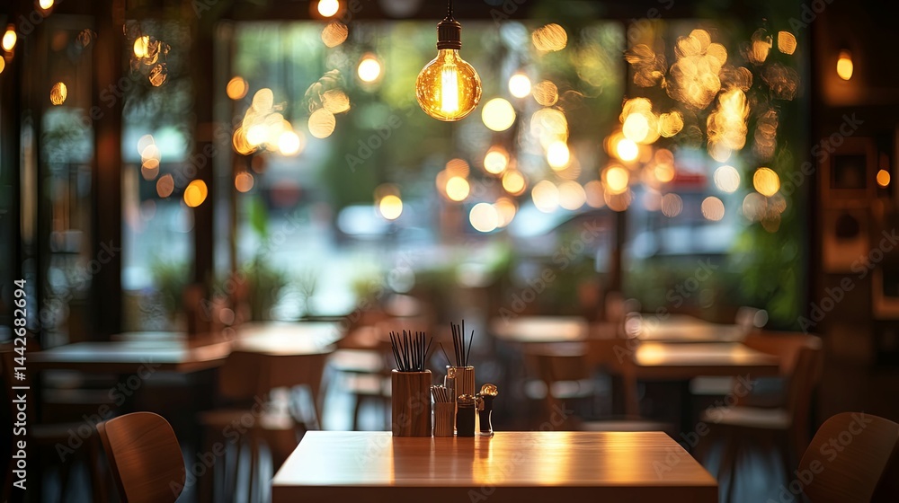 Interior view of a cafe with warm lighting and blurred background. Interior view of a cafe with warm lighting and blurred background.
