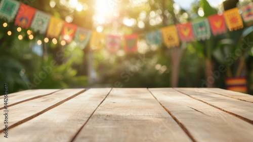 Obraz na płótnie Wooden deck with colorful papel picado street decorations, Mexico holiday background w salonie