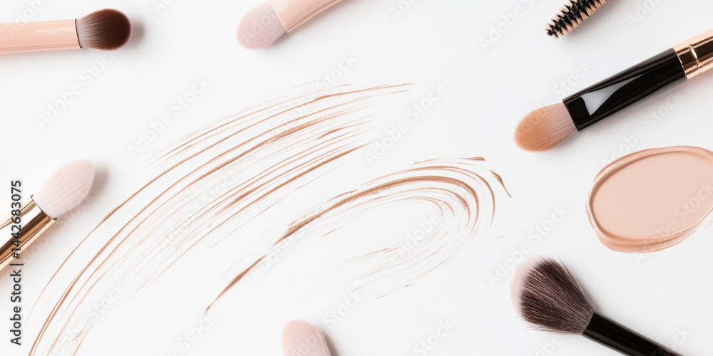 Makeup brushes with foundation strokes on white background