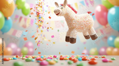 Obraz na płótnie Festive colorful pinata unicorn with balloons and confetti background w salonie