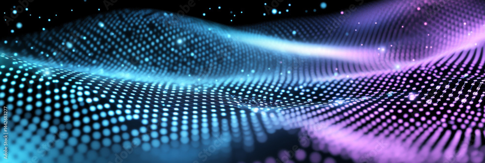 Abstract digital wave with flowing particles and dynamic lights, futuristic background