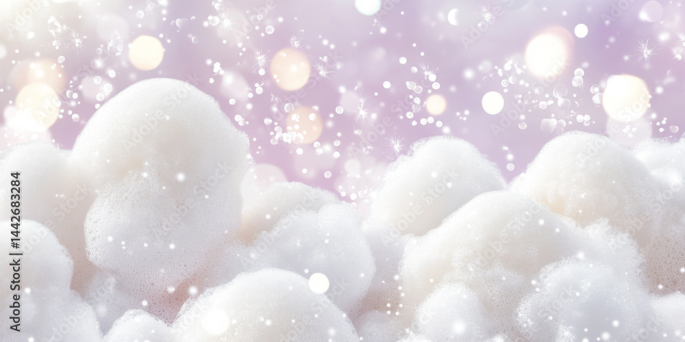 Frothy foam texture pattern with sparkling bokeh lights and soft hues in background