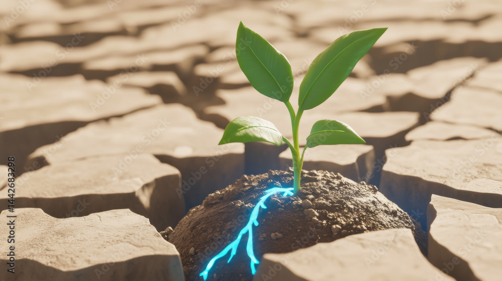 Plant growing through cracked ground with glowing roots, symbolizing resilience, Earth Day concept
