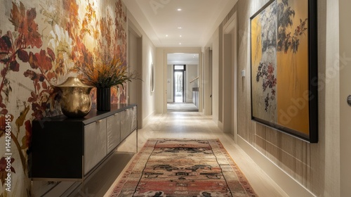 Elegant hallway with floral wallpaper and artwork in a modern home interior, designed for comfortable and stylish living spaces