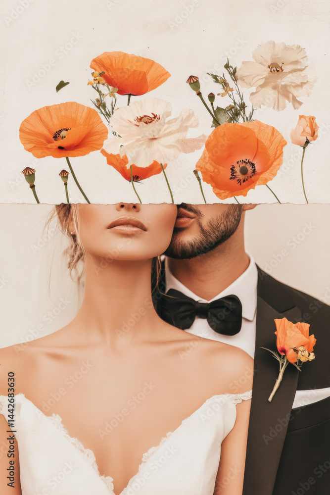 Bride and groom with half faces covered by flowers, surreal concept