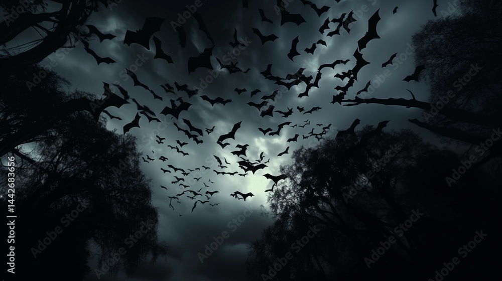 Obraz premium Halloween & Spooky: Bats in silhouette swarm, hundreds of bats flying outward in perfect radial symmetry, eerie night sky, backlit by an unseen moo