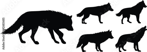 Four Wolf Silhouettes: Black and White Animal Clipart