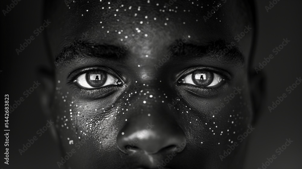 Black man with white specks across face black-and-white portrait image closeup. Cinematic monochrome close-up photography. Quiet intensity, confidence concept photo grayscale