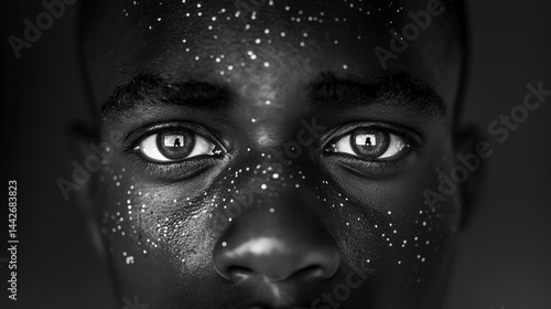 Obraz na płótnie Black man with white specks across face black-and-white portrait image closeup. Cinematic monochrome close-up photography. Quiet intensity, confidence concept photo grayscale w salonie